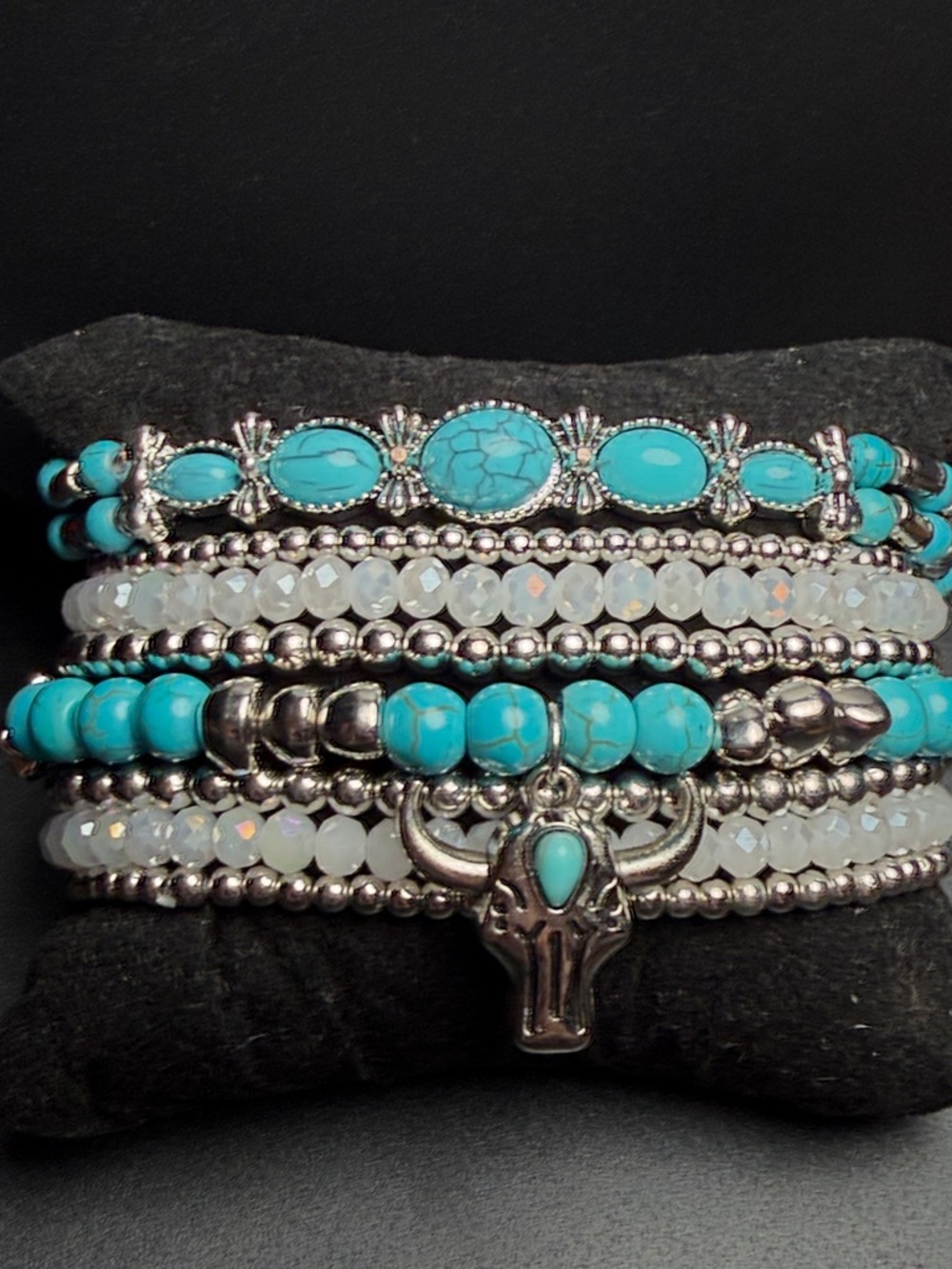 Turquoise/Glass Crystal Beaded Fashion Multi-Row Stack Bracelet with Bull Charm